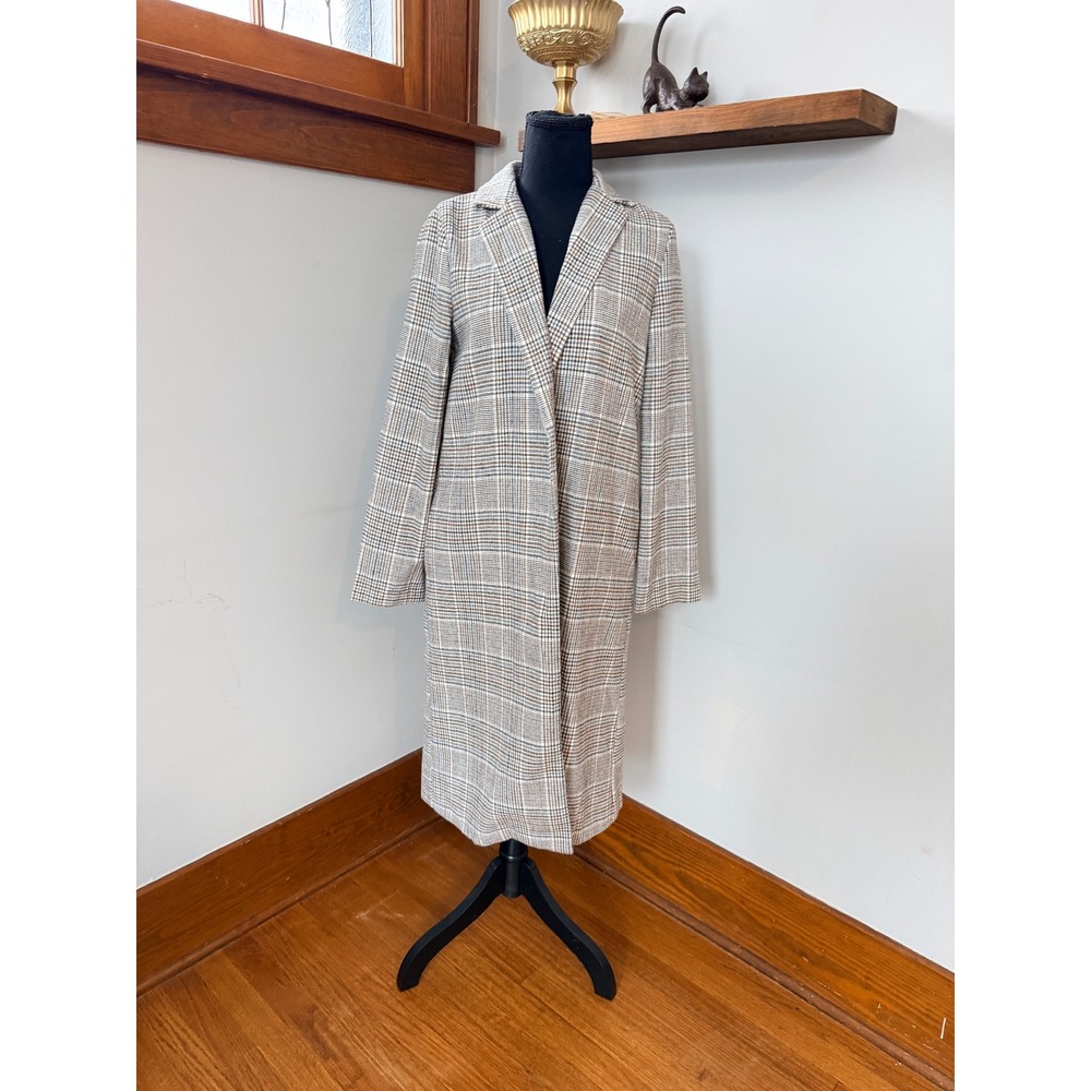 NWT Sadie & Sage Plaid Long Blazer Coat Women Size S Wool Blend Open Front‎